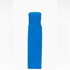 As Seen On The Proenza Schouler Runway! Strapless Maxi Dress, Form Fitting, Silk Viscose Material, Cerulean Blue Color, Gathering Around Torso With Self-Tie Back Detail, Interior Top Edge Silicone Tape To Prevent Dress From Falling Down. Note: Fits Closer To A U.S. 8. Very Chic And Timeless Silhouette And Look! #Proenzaschouler #Designer #Chanel #Gucci #Maxmara #Prada #Versace #Alexanderwang #Runway #Bottegaveneta #Louisvuitton #Tomford #Stellamccartney #Chloe #Akris #Alaia #Aminamuaddi #Balenci Elegant Blue Stretch Strapless Dress, Elegant Blue Strapless Stretch Dress, Blue Fitted Strapless Dress With Ruched Detail, Proenza Schouler Dress, Silicone Tape, Long Sleeve Jersey Dress, Black Silk Dress, Cerulean Blue, Maxi Gown Dress