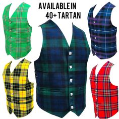 Handmade Scottish Tartan Waistcoat Bias Cut 5 Buttons Kilt Vest Wedding Vest in 40+ Clan Tartans A tartan waistcoat, also known as a kilt vest or wedding vest, is a sleeveless jacket traditionally worn as part of Scottish Highland dress. It is typically made from tartan fabric, a plaid pattern associated with specific clans or families. The waistcoat you described has the following features: * **Bias cut The fabric is cut on the diagonal, which gives the waistcoat a more draped and flattering fi Scottish Wedding Dresses, Tartan Waistcoat, Clan Tartans, Wedding Vest, Royal Stewart Tartan, Black Watch Tartan, Kilt Skirt, Summer 2025, Tartan Fabric