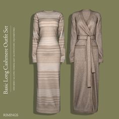 two women's dresses with long sleeves and belted waist, both in beige