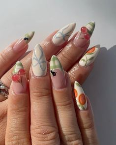 Gel X Almond, Picnic Nails, Winter Nail Art Designs, Picnic Spring, Fruit Nail Designs, Food Nails, Fruit Nail Art, Cherry Nails, Edgy Nails