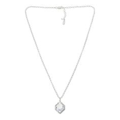 Herkimer Mines "Diamond" Quartz and Gem Hexagon Halo Drop Necklace Elegantly angular and easy to style, this charming necklace's "diamond" quartz dons a twinkling halo of pavé topazes. Make it the heavenly finishing touch to just about any outfit.       Necklace approx. 18"L x 1/16"W with 2" extender     Drop approx. 1"L x 11/16"W     Stamped .925 sterling silver; polished finish      Rolo-link chain with curb-link extender: lobster-claw clasp    Stone Information       All sizes and weights approximate     Herkimer "Diamond" Quartz: Hexagonal; 10.18ctw     Herkimer "Diamond" Quartz: Freeform (3-4mm); N/A ctw     White Topaz: Round; 22ctw Octagon Necklace For Wedding, Diamond Cut Octagon Necklace, Elegant Silver Hexagon Necklace, Elegant White Octagon Necklace, Elegant Faceted Hexagon Necklace, Elegant Hexagon Faceted Necklace, Hexagon Halo, Diamond Quartz, Color Bands