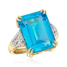 Ross-Simons - 13.00ct Swiss Blue Topaz Ring, .13ct t. w. Diamonds in 18kt Yellow Gold. Size 9. Every eye will be on you when you don this incredible ring. An absolutely stunning 13.00 carat emerald-cut Swiss blue topaz is sided by the sparkle of .13 ct. t. w. round brilliant-cut diamonds. Luxuriously crafted in 18kt yellow gold. 5/8" wide. Diamond and Swiss blue topaz ring. Blue Topaz birthstones are the perfect gift for December birthdays. Fine Jewelry Yellow Gold Topaz Ring With Diamond Accents, Formal Topaz Ring With Gemstone Accents, Classic Topaz Ring With Diamond And Gemstone Accents, Formal Blue Topaz Diamond Ring With Gemstone Accents, Formal Sapphire Topaz Ring With Diamond Accents, Formal Turquoise Rings With Gemstone Accents, Formal Prong Setting Blue Topaz Diamond Ring, Formal Blue Topaz Diamond Ring With Prong Setting, Formal Diamond Birthstone Ring With Gemstone Accents