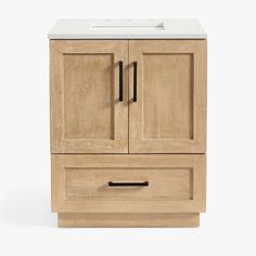 a wooden cabinet with two drawers and a sink in the middle, against a white background