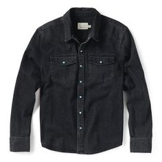 Black denim Western shirt curated by country artist Thomas Rhett Casual Black Denim Shirt, Black Long Sleeve Denim Shirt, Western Style Washed Tops With Relaxed Fit, Western Style Washed Top With Relaxed Fit, Black Western Style Cotton Shirt, Black Cotton Western Shirt, Western Black Cotton Shirt, Black Denim Shirt For Fall, Black Denim Button-up Shirt