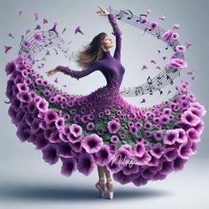 a woman in a purple dress is surrounded by flowers and music notes on her body