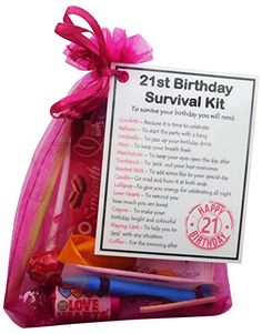 a birthday survival kit in a pink bag with writing on the front and back side