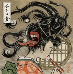 DISCOVERY CHANNEL yokai feature - Yuko Shimizu Futakuchi Onna, Chopsticks, The Wind, Her Hair, Hair