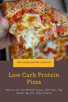 a hand holding a slice of low carb protein pizza