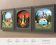 three framed pictures with campers and trees on the wall next to eachother