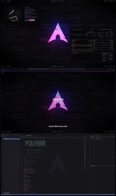 the logo for polyar is shown in pink and purple colors on black background with dark wood