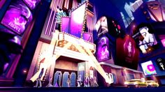 an animated city scene with neon lights and billboards