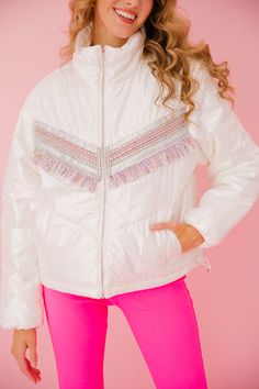 Get ready to sparkle and shine all winter long with our Season's Greetings Puffer Jackets! Choose from a pink metallic jacket adorned with white fur and glitzy pink and red ribbon design, or a white metallic jacket featuring silver and pink rhinestones and fringe ribbon details. Perfect for staying cozy and stylish during the holiday season. (Available in limited quantities - get them while you can!) All orders are currently shipping within 14 business days. To receive item quicker, expedited sh Cream Puffer Jacket, Bow Season, Metallic Jacket, Pink Metallic, Sparkle And Shine, Season's Greetings, White Fur, Ribbon Design, Pink And Red