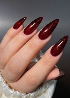 Step into the New Year with style - explore chic and sparkling nail designs! Red Sparkle Nails, Red Sparkly Nails, Deep Red Nails, Red Acrylic Nails, Red Nail Designs, Red Nail