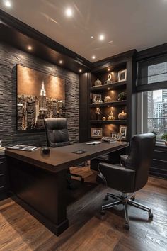 an office with black leather chairs and built - in shelvings is pictured here