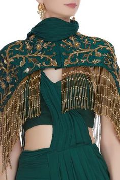 Shop for Nitika Kanodia Gupta Green Pre-draped Saree With Tassel Cape for Women Online at Aza Fashions Blouse Hand Embroidery, Concept Saree, Bustier Blouse, Green Concept, Cape Blouse, Cape For Women, Draped Saree, Drape Saree, Bugle Beads