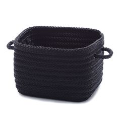 black rope basket with handles on white background