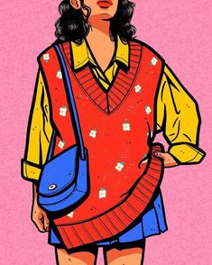 a drawing of a woman wearing a red sweater and blue purse