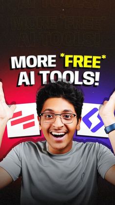 a man with glasses is holding his hands up in front of him and the words more free at tools above him