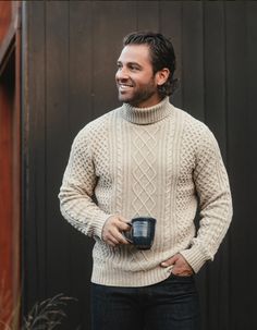 Classic cable comfort. Featuring a novelty cable pattern in a soft and comfortable 5GG yarn. The relaxed fit makes it great for layering or wearing on its own. Classic details include a fold-over rib collar, rib sleeve cuffs, and a rib bottom band to complete the look. Rollneck Sweater, Cable Pattern, Henley Sweater, Roll Neck Sweater, Fall Shopping, Hat Shop, Tee Shop, Bottoms Pants, Sweater Hoodie