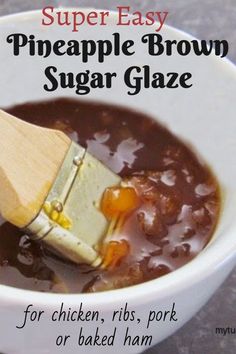 a wooden spatula scooping out some brown sugar glaze into a white bowl