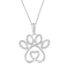 This charming diamond paw print heart pendant is a perfect thoughtful gift for any pet lover. The dazzling design in sterling silver is enhanced by 72 round single cut diamonds that add pretty sparkle and shine. This pendant hangs elegantly from an 18-inch rope chain in sterling silver. | 1/7 ct. tw. Diamond Paw Print Heart Pendant Necklace | Sterling Silver | White | Size 18" | Helzberg Diamonds Paw Print Heart, Paw Necklace, Paw Print Necklace, Helzberg Diamonds, Pet Lover, Necklace Sterling Silver, Heart Pendant Necklace, Rope Chain, Silver Diamonds