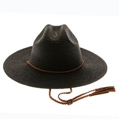 Tightly braided cattleman hat for men and women. Full length center creased crown, with deep side dents. Buckaroo style flat brim slightly downturned on front and back, 3.25" wide. Braided faux suede chin cord with tassel tips. Ribbon inner band with drawstring to adjust fit. UPF 50+ sun protection. Packable, fold up brim and secure in place with chin cord. One size, best fit 57-58 cm, 22.44-22.83 inches. 100% paper raffia straw Cattleman Hat, Buckaroo Style, Lifeguard Hat, Style Bucket Hat, Outback Hat, Mens Hats Fashion, Safari Hat, Sun Visor Hat, Wide Brim Fedora