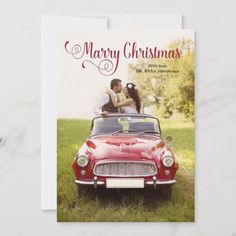 a christmas card with an image of a bride and groom in a red convertible car