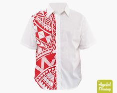 "IF YOU NEED YOUR ITEMS TO ARRIVE BY SPECIFIC DATE PLEASE UPGRADE TO EXPRESS SHIPPING AT THE CART. This gorgeous Polynesian short sleeve men's dress shirt is featuring red tribal design on white background. Polynesian symbols used: Spear heads: represents courage and fight. Shark teeth: represents guidance, power and shelter. If you would rather this shirt was in another color or combination of colors please get in touch and let me know and I will do my best to accommodate you. This unique and e White Fitted Hawaiian Shirt Casual, Traditional Fitted White Shirt, Traditional Red Short Sleeve Shirt, White Button Up Shirt Men, Polynesian Symbols, Samoan Clothing, Button Up Shirt Men, White Button Up Shirt, Mens Dress Shirts