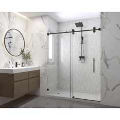 a bathroom with marble walls and flooring next to a white sink, mirror and walk in shower