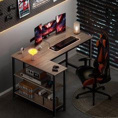 a computer desk with two monitors on it