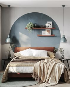 a bedroom with a large bed and shelves on the wall, along with two planters