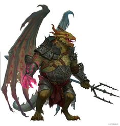 a creature with large horns and armor holding two swords