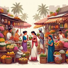 a painting of people shopping at an outdoor market