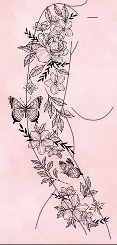 a tattoo design with flowers and butterflies on it