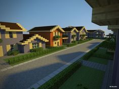 an image of some houses that are in the minecraft style with grass and bushes