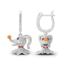 Inspired by famous Halloween film, ghost dog's playful figure features right down to the hand-painted pumpkin nose and dog collar details on these festively spooky earrings. Let "Pumpkin King" skull's lovable pup make a ghostly addition to playtimes with these glittering earrings.Carat Weight: 4.426 ctStone Size: 0.8,1.3,1.2,1,0.8 mmStone Type: Jeulia® StoneNumber of Stones: 486 Stone Color: Diamond White, Garnet RedStone Shape: RoundWeight: 7.94 gWidth: 13.4 mmHeight: 13 mmThickness: 16.7 mmMat Nightmare Before Christmas Jewelry, Jeulia Jewelry, Spooky Earrings, Silver Earrings Online, Hand Painted Pumpkin, Halloween Film, Lock Jewelry, Disney Jewelry, The Nightmare Before Christmas