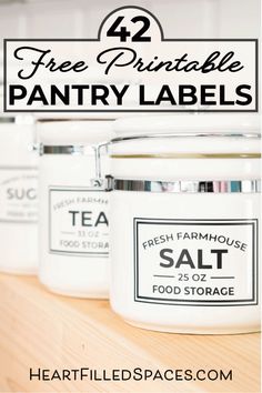 four white jars with text overlay that says free printable pantry labels