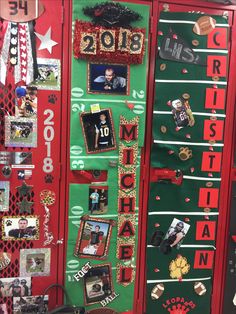 the locker is decorated with many different pictures and letters, including one that has been pinned to it