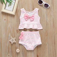 Girls Bow Decor Sleeveless Striped Top & Shorts Wholesale Baby Girl clothing - PrettyKid Bow Swimsuit, Cheap Baby Clothes, Swimsuits Photoshoot, Toddler Swimsuits, Striped Bathing Suit, Summer Outfits Kids