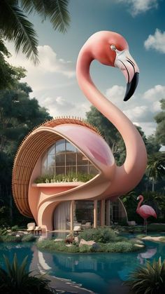 a pink flamingo standing in front of a building with a pool and palm trees