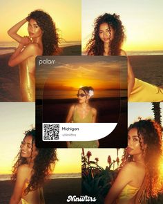 three different pictures of a woman with long hair in front of the ocean at sunset