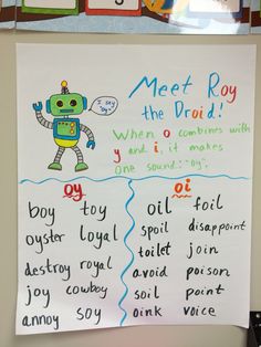 a poster with words written on it in front of a bulletin board that says meet roy the droid