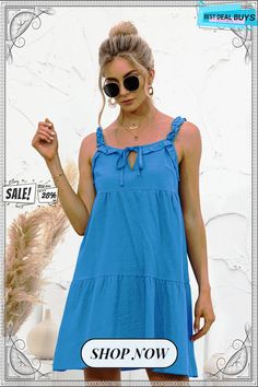 Sling Style Women's Sexy Ruffle Solid Color Dress Summer Beach Suspender Dress With Ruffles, Spring Beach Suspender Dress With Ruffles, Ruffled Sundress For Summer, Flirty Summer Suspender Dress With Ruffled Straps, Solid Mini Sundress With Ruffles, Spring Suspender Dress With Ruffles For Brunch, Solid Ruffled Mini Sundress, Spring Brunch Suspender Dress With Ruffles, Solid Color Mini Sundress With Ruffles