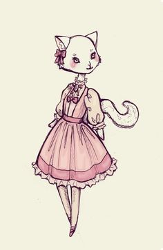 a drawing of a cat wearing a dress and holding a kitten's tail in her hand