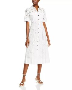 Derek Lam 10 Crosby - Lincoln Short Sleeve Eyelet Dress Classic White Dress With Placket, Chic Collared Dresses With Covered Buttons, White Single-breasted Spring Dress, Elegant Short Sleeve Shirt Dress With Buttons, Spring White Single-breasted Dress, Elegant White Shirt Dress With Placket, Fitted Short Sleeve Midi Dress With Placket, White Button-closure Dress For Semi-formal Occasions, Fitted Midi Dress With Placket And Short Sleeves