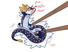 a drawing of a dragon with chopsticks in it's mouth and tongue sticking out