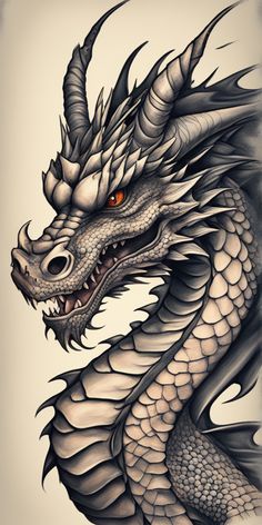 a drawing of a dragon with orange eyes