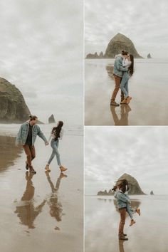 two people are walking on the beach with their arms around each other