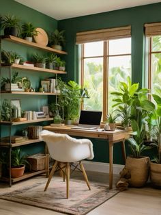 a home office with green walls and potted plants