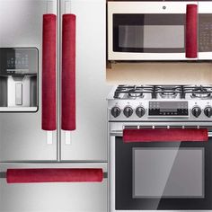 an oven, microwave and refrigerator are shown in this collage with red carpeting